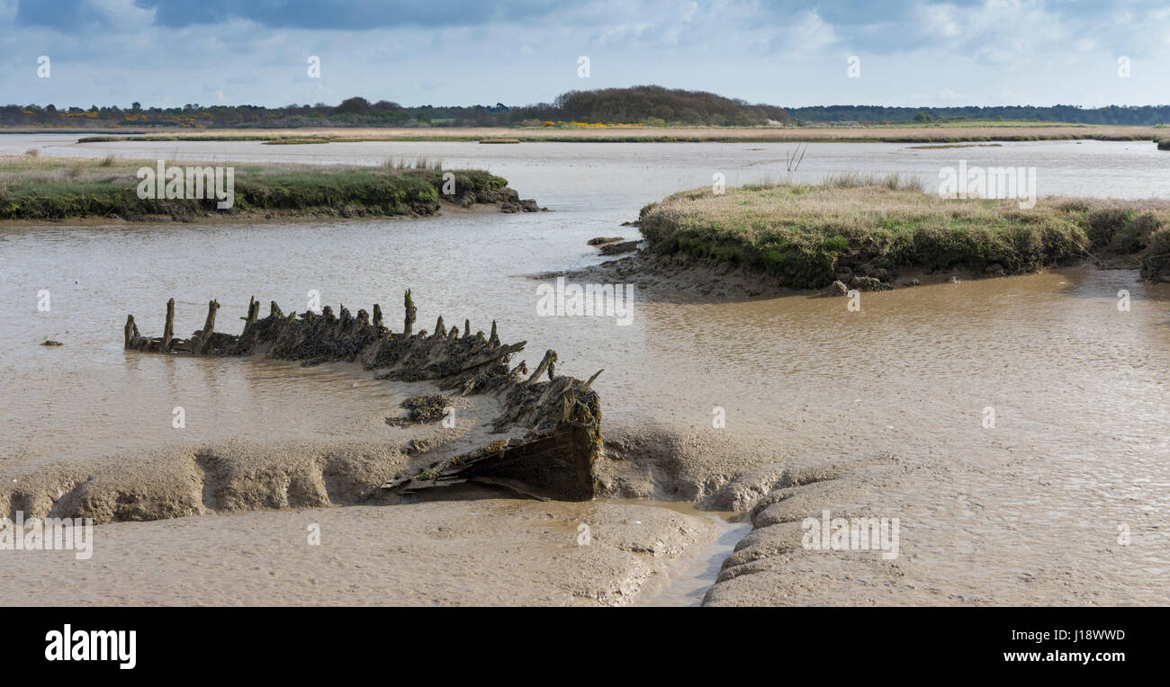 Die Überreste eines hölzernen Schiffes untergetaucht in der Mündung des Flusses bei Iken Sümpfe Suffolk Stockfoto