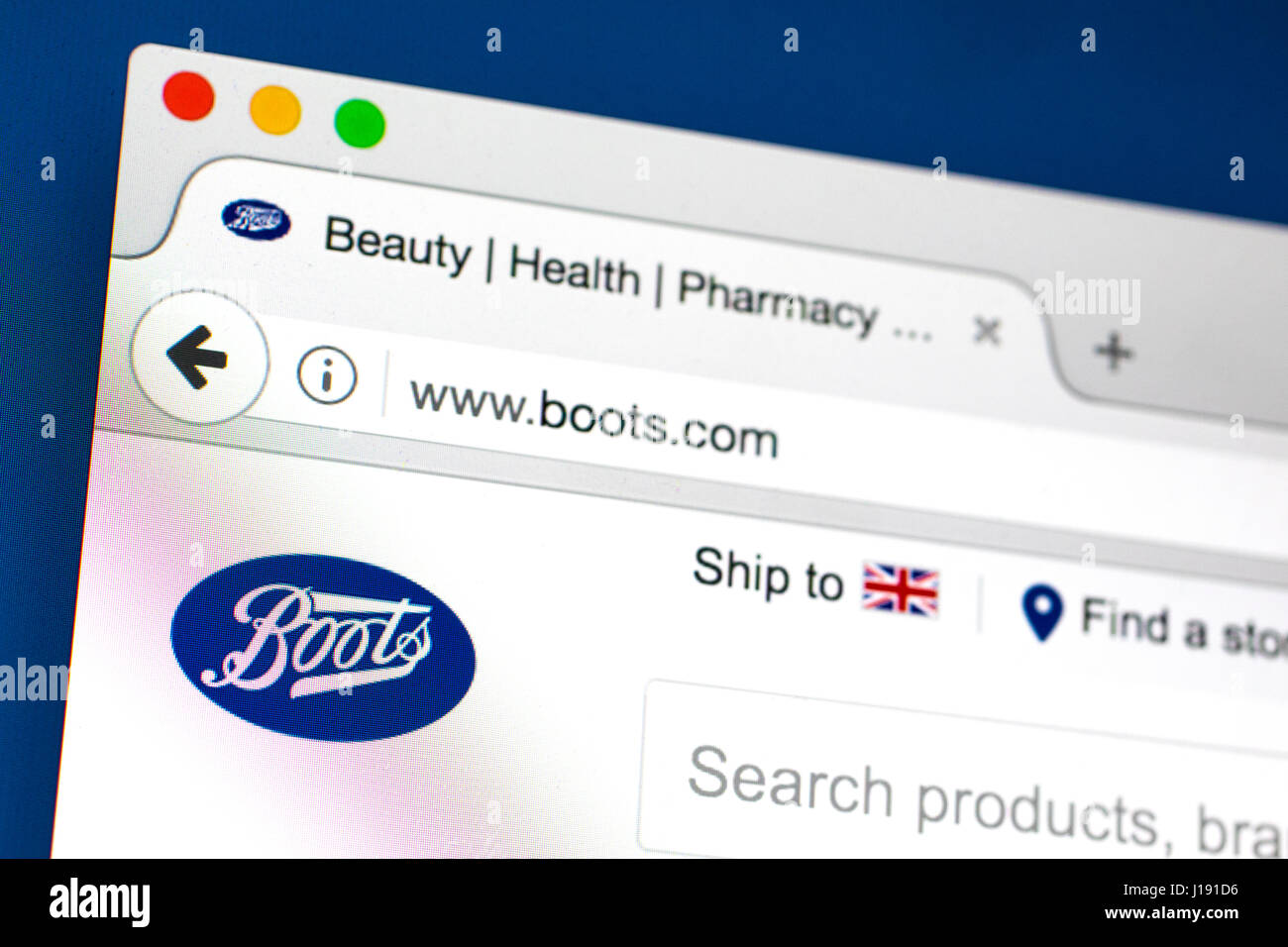 LONDON, UK - 13. April 2017: Die Homepage der offiziellen Website für die Boots Company, am 13. April 2017. Stockfoto