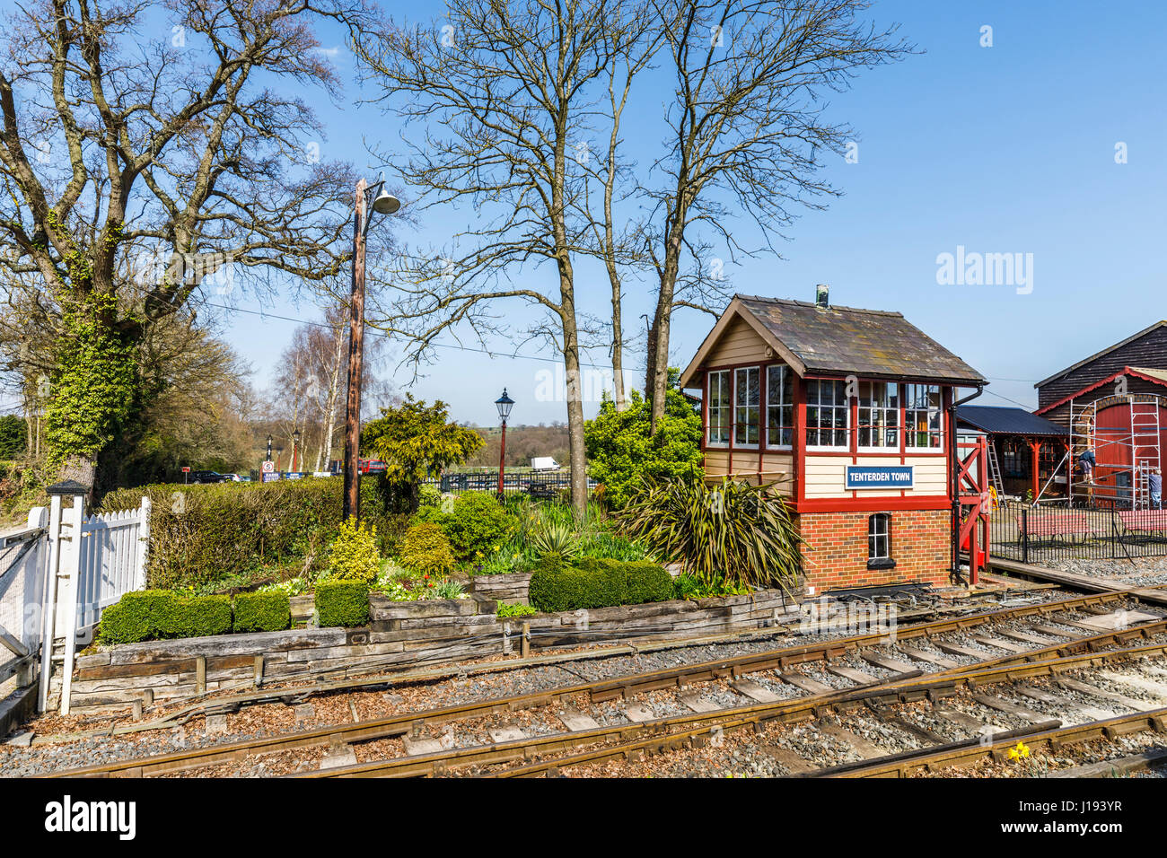 Traditionelle Old-fashioned Vintage Signal box, Tenterden Stadt Station, Kent & East Sussex Railway, eine Erbe Dampf-Eisenbahn, Tenderden, Kent, UK Stockfoto