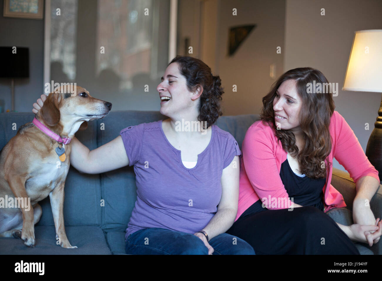 Zwei Freunde teilen Zeit mit einem Hund auf dem Sofa. Stockfoto