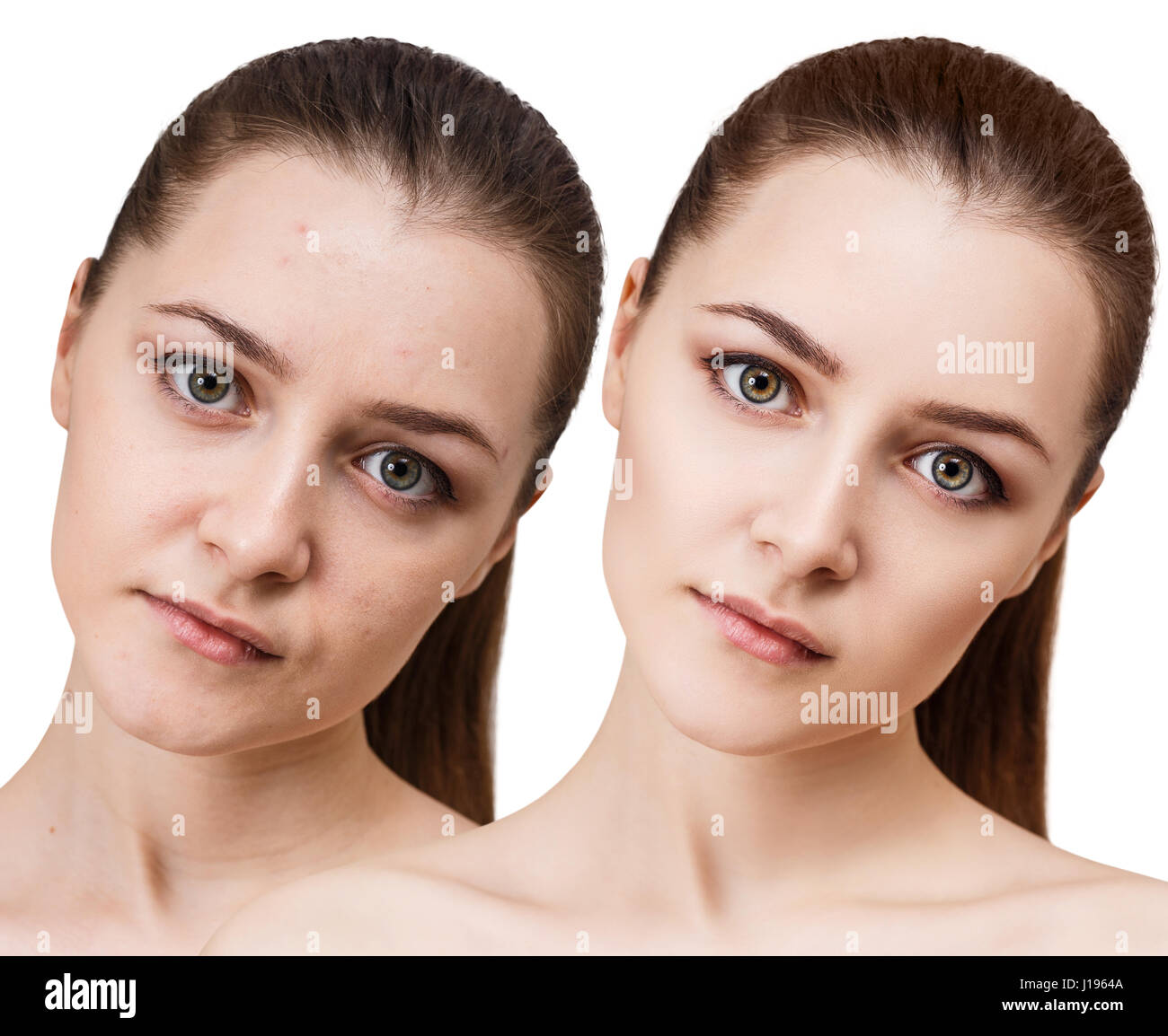 Junge Frau vor und nach der Retusche. Stockfoto