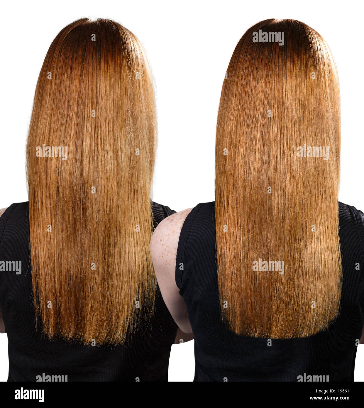 Haare vor und nach der Behandlung. Stockfoto