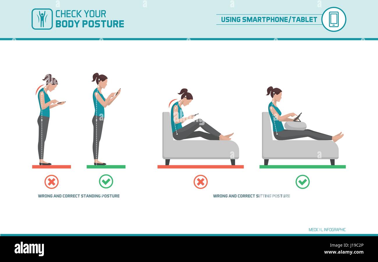 Smartphone und Tablet Ergonomie: Gewusst wie: verwenden mobile Geräte korrekt beim stehen und sitzen, Körperhaltung Korrektur Stock Vektor