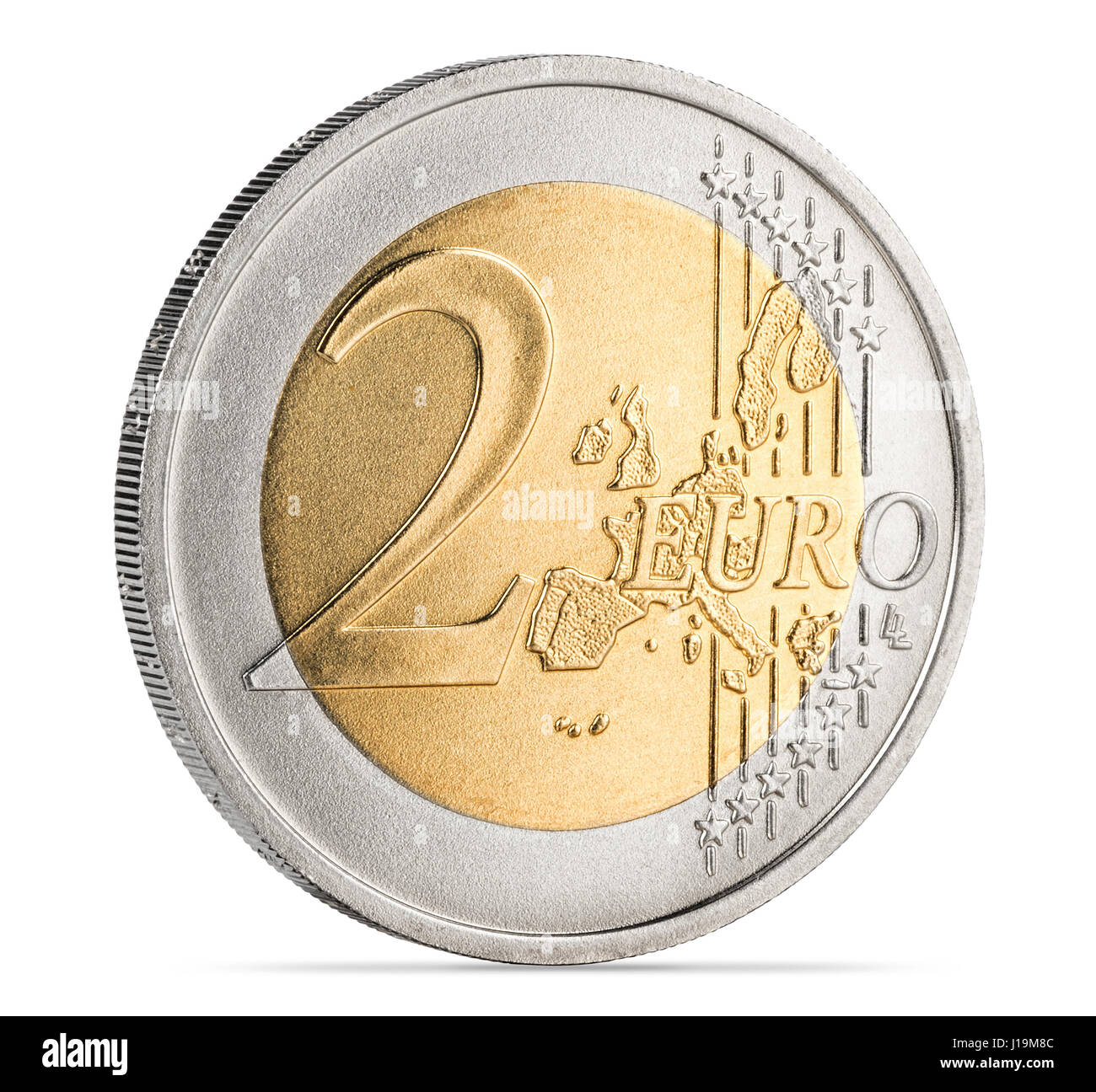 zwei-Euro-Münze isoliert auf weißem Hintergrund Finanzen Währungssymbol Stockfoto
