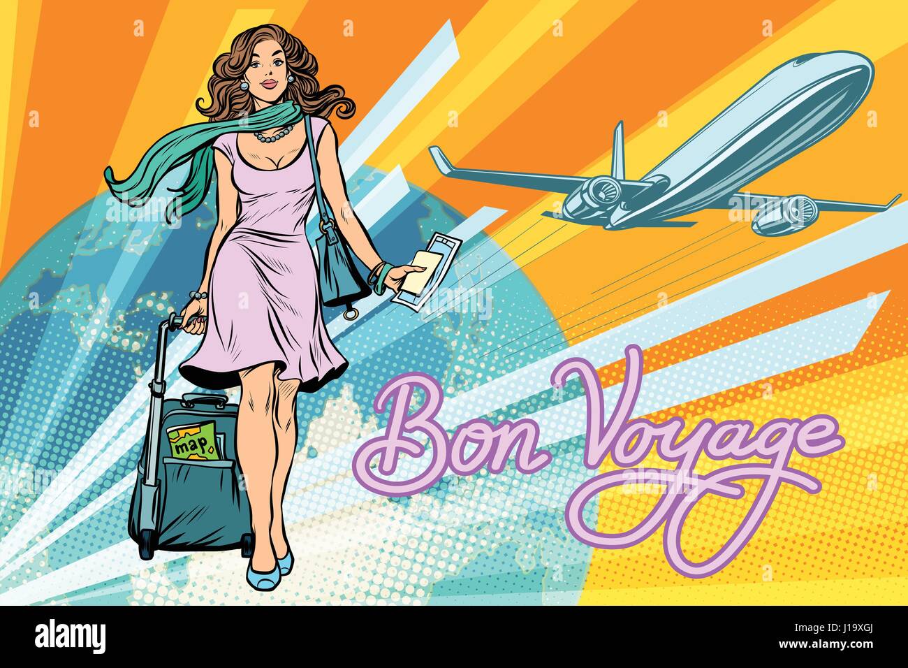 Schönes Mädchen mit einem Ticket für den Flug. Pop-Art-Retro-Vektor-Illustration. Reisen und Tourismus. Lebensstil Stock Vektor