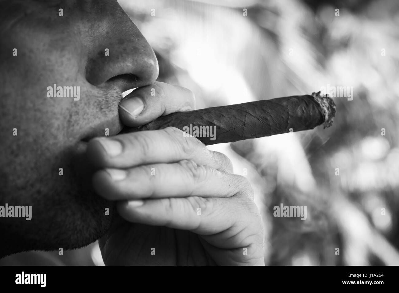 Junge europäische Mann raucht dicke Zigarre, Nahaufnahme monochrome Foto mit selektiven Fokus. Dominikanische Republik Stockfoto