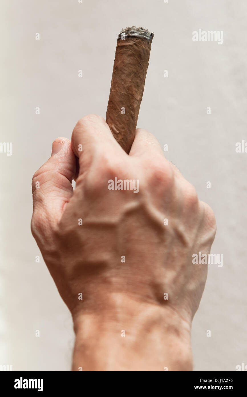 Geste mit handgemachten Zigarre in männlicher Hand, close-up Foto mit selektiven Fokus über weiße Wand Hintergrund Stockfoto