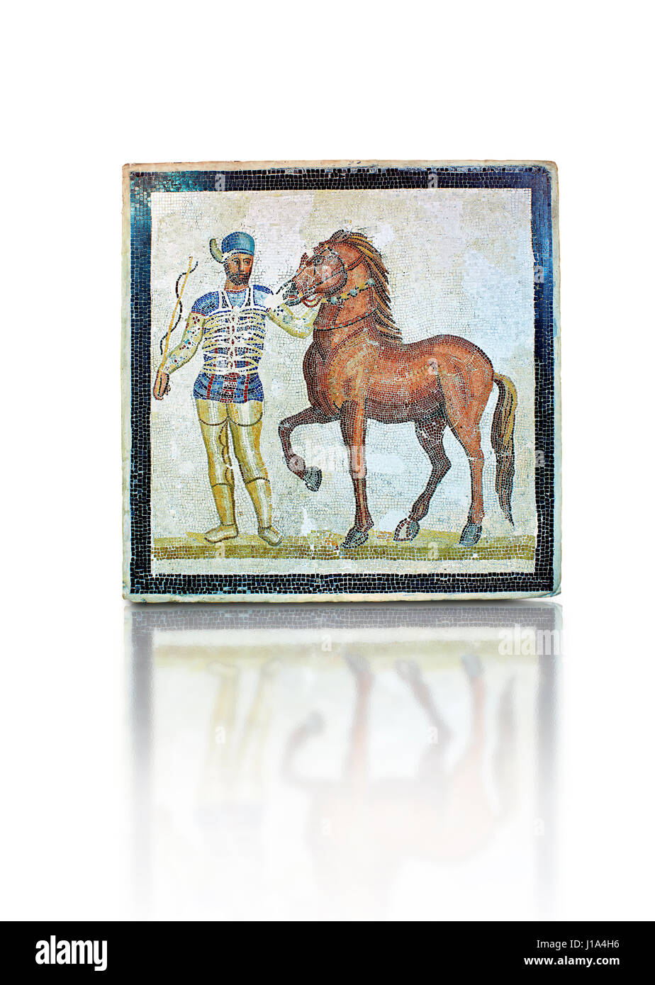Römischen geometrischen Bodenmosaik Darstellung Reiter und ihre Pferde aus dem Zirkus aus einem Raum von einer Villa in der Ortschaft Baccano in der Nähe der Via Cassia Stockfoto