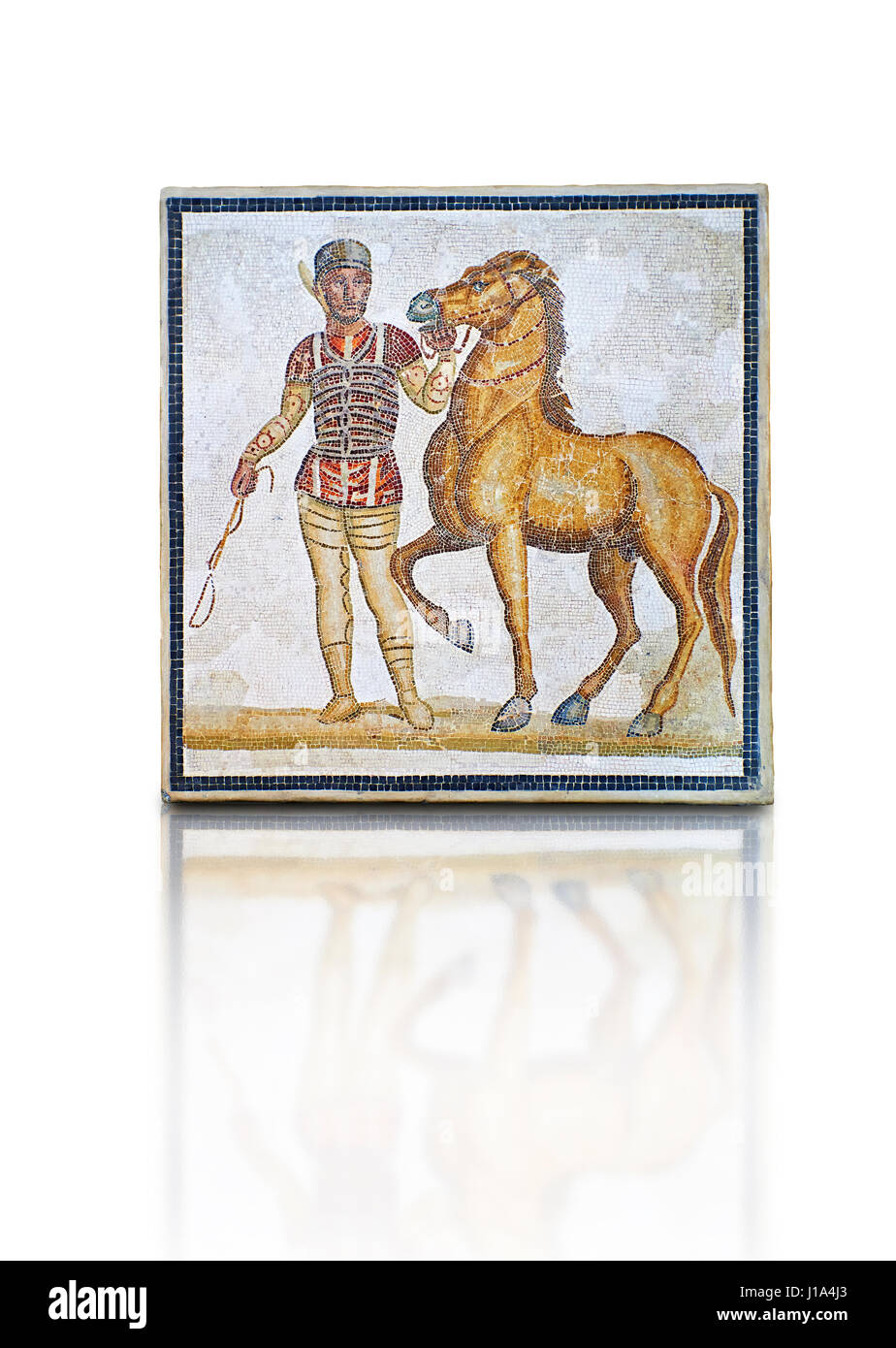 Römischen geometrischen Bodenmosaik Darstellung Reiter und ihre Pferde aus dem Zirkus aus einem Raum von einer Villa in der Ortschaft Baccano in der Nähe der Via Cassia Stockfoto
