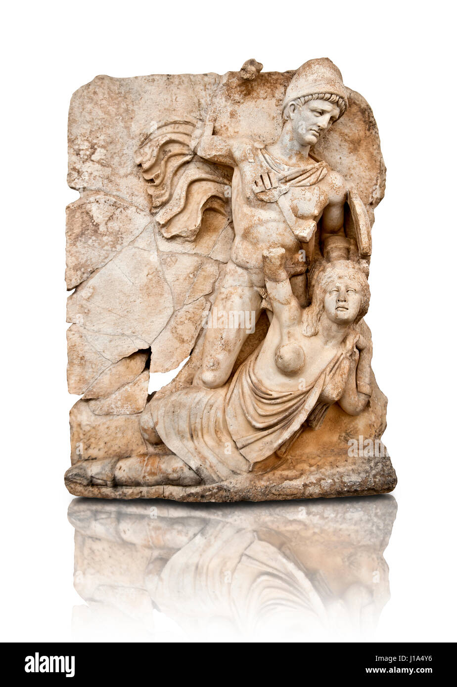 Foto von römischen Releif Skulptur des Kaisers Claudius über, Britanica, South Building, Zimmer 1-3, Aphrodisias Museum, Aphrodisias, Türkei zu besiegen. N Stockfoto