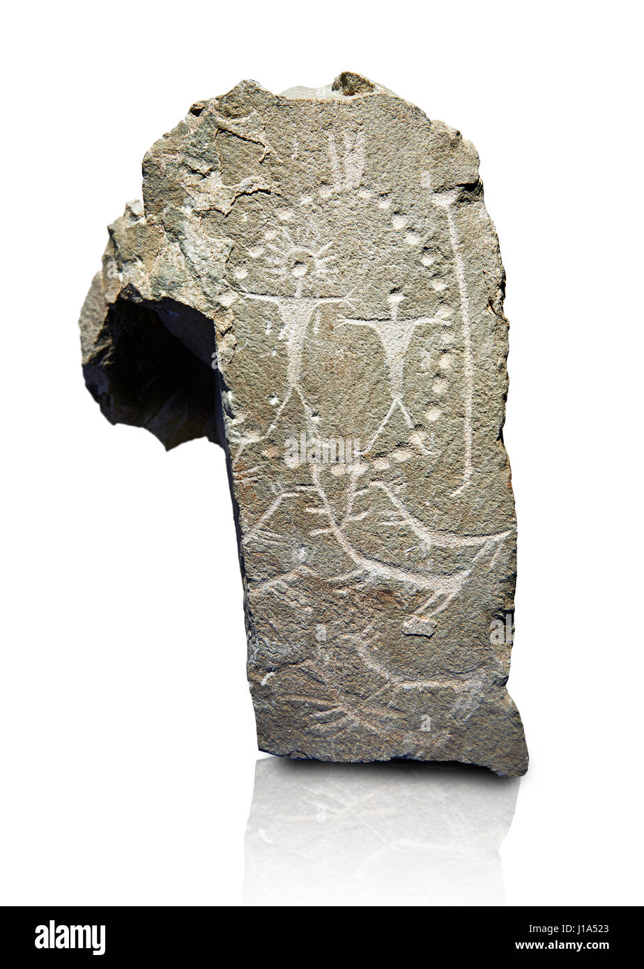 Stele "Cemmo 4" prähistorische Felszeichnungen, Felszeichnungen, Kupferzeit c. 3. Milleneum v. Chr., Museo Nazionale della Preistoria della Valle Camonica Stockfoto