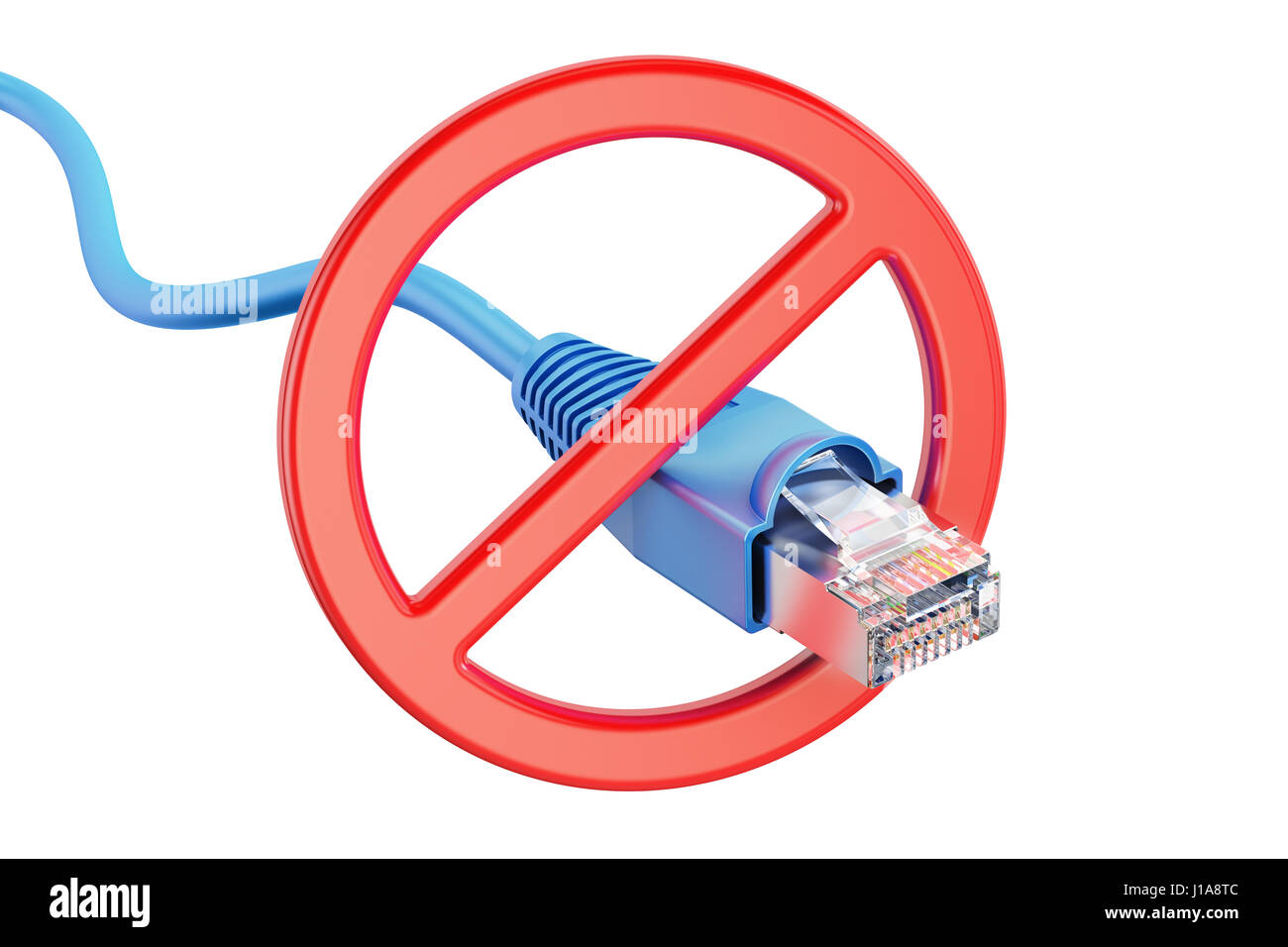 Verbotene Zeichen mit Netzwerk-Computer-Kabel, 3D-Rendering isolierten auf weißen Hintergrund Stockfoto
