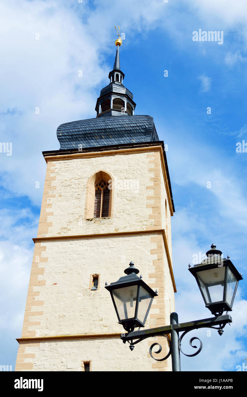 St. Bartholomäus Kirche, eine evangelische Kirche in der Stadt Wiehe in Thüringen im Jahr 2017, Deutschland Stockfoto