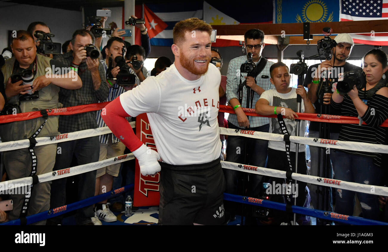 San Diego CA. 19. April 2017. Ehemaligen zwei-Teilung World Champion Canelo Alvarez arbeitet für die Medien in San Diego am Mittwoch. 19 April vor seiner Cinco De Mayo Wochenende Showdown gegen den ehemaligen WBC-Mittelgewichts-World Champion Julio Cesar Chavez, Jr. Der Kampf ist am Samstag, den 6. Mai. bei der T-Mobil-Arena und der Super-Kampf produziert und vertrieben werden live von HBO Pay-pro-View.Photo von Gene Blevins/LA Daily News/ZumaPress. Bildnachweis: Gene Blevins/ZUMA Draht/Alamy Live-Nachrichten Stockfoto