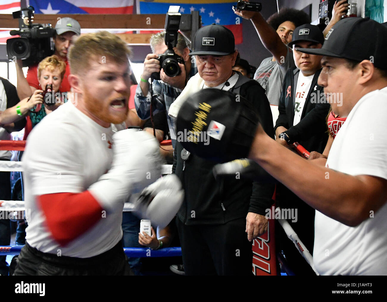 San Diego CA. 19. April 2017. Ehemaligen zwei-Teilung World Champion Canelo Alvarez arbeitet für die Medien in San Diego am Mittwoch. 19 April vor seiner Cinco De Mayo Wochenende Showdown gegen den ehemaligen WBC-Mittelgewichts-World Champion Julio Cesar Chavez, Jr. Der Kampf ist am Samstag, den 6. Mai. bei der T-Mobil-Arena und der Super-Kampf produziert und vertrieben werden live von HBO Pay-pro-View.Photo von Gene Blevins/LA Daily News/ZumaPress. Bildnachweis: Gene Blevins/ZUMA Draht/Alamy Live-Nachrichten Stockfoto