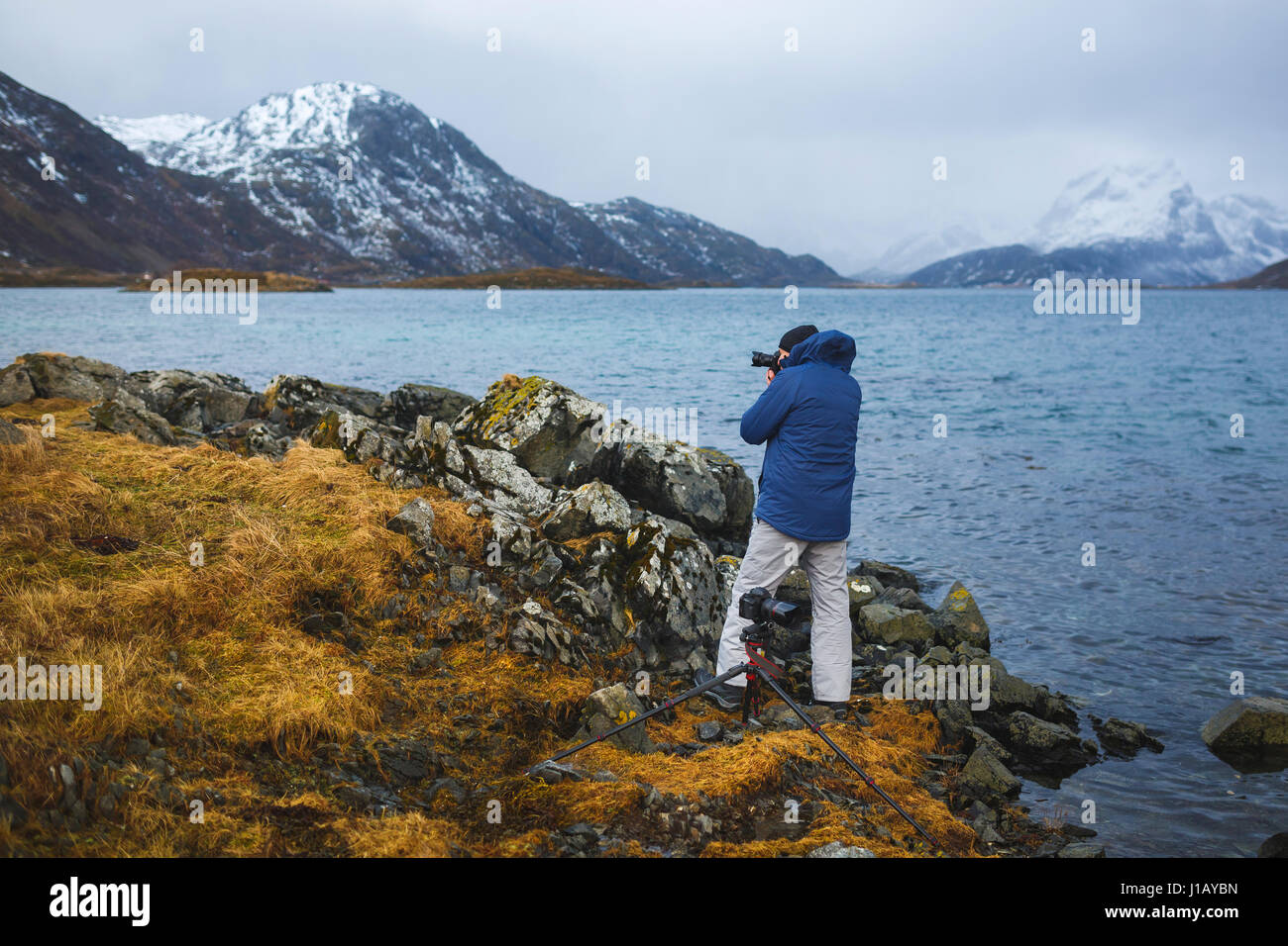 Der Fotograf ein Bildschirmfoto der Lofoten-Inseln im winter Stockfoto