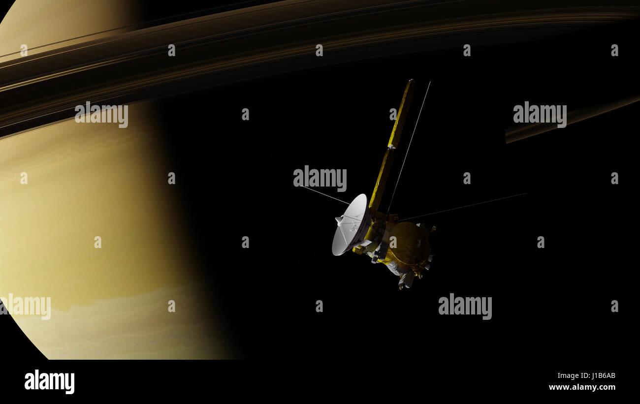 Raumsonde Cassini-Huygens vor dem Planeten Saturn (3D-Illustration, Elemente des Bildes sind eingerichtet von der NASA) Stockfoto
