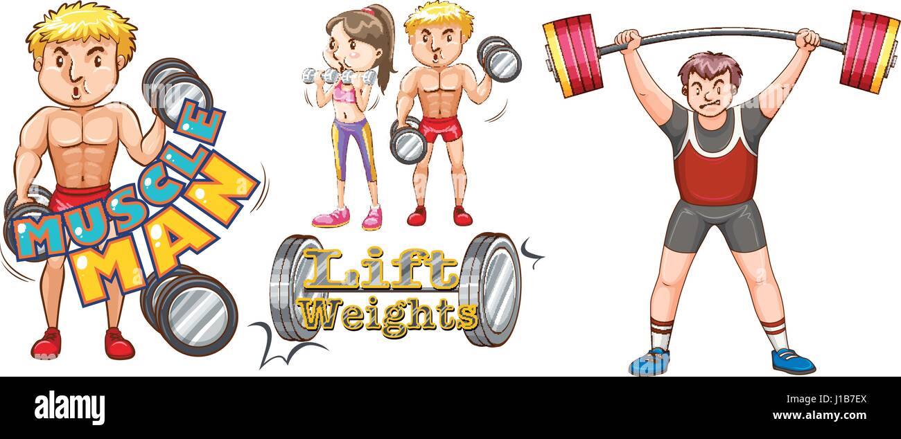 Leute, die Gewichtheben auf weißem Hintergrund illustration Stock Vektor