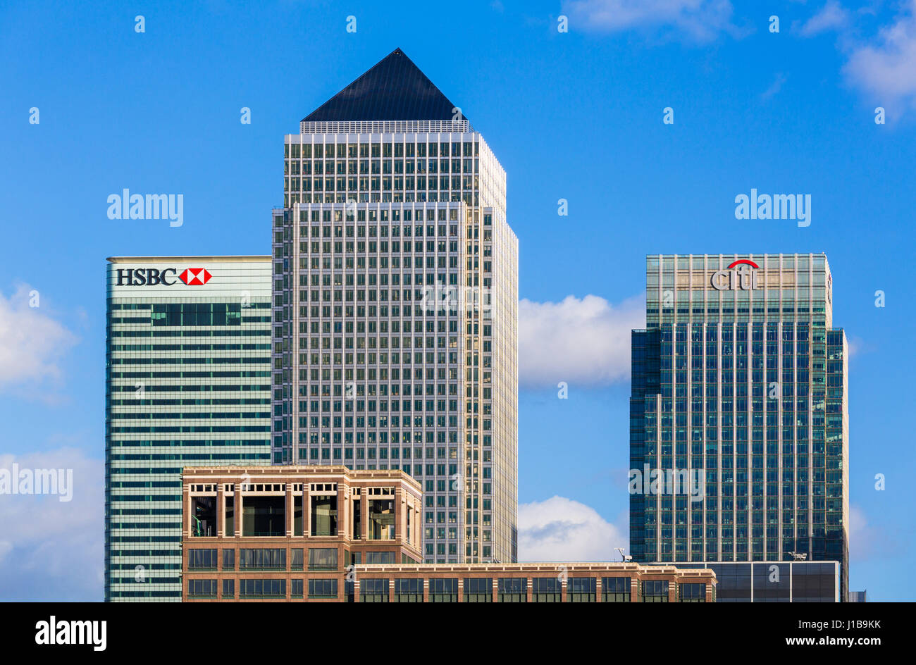 Canary Wharf Skyline - Docklands, London, England - der Financial District in Großbritannien Stockfoto