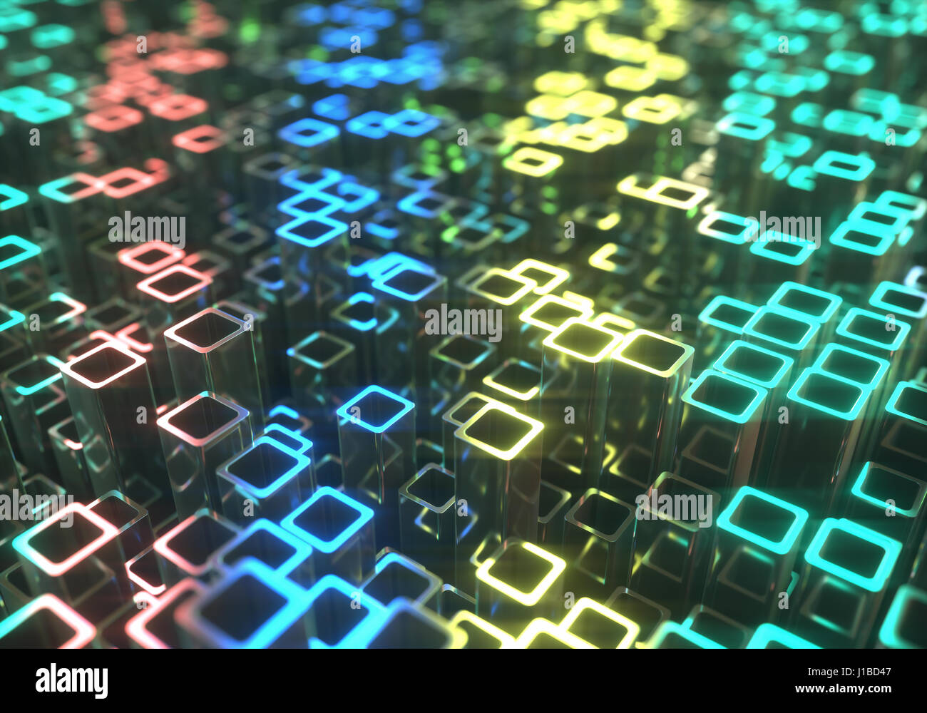 3D Illustration. Zusammenfassung Hintergrund von metallischen Rohren reflektierende farbige Lichter gemacht. Stockfoto