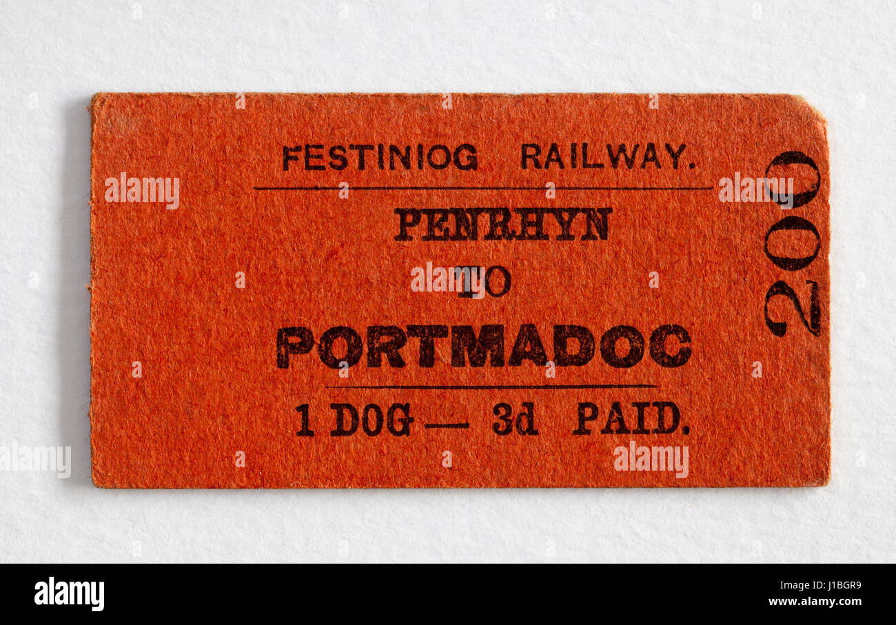 Alte Vintage Festiniog Railway Zug Ticket ein Hund - Penrhyn, Portmadoc Stockfoto
