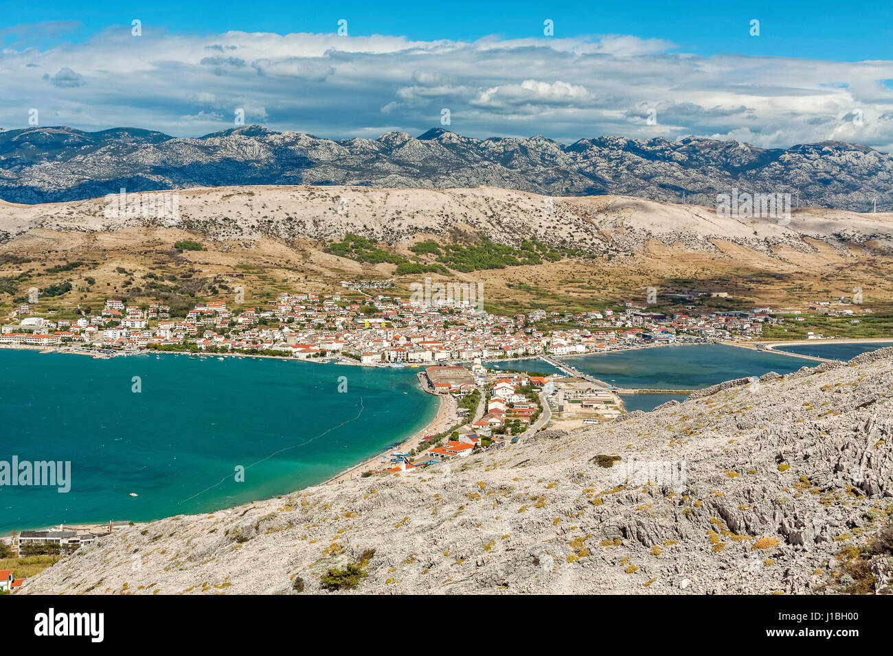 Erhöhten Blick auf die Stadt Pag, Insel Pag, Kroatien Stockfoto
