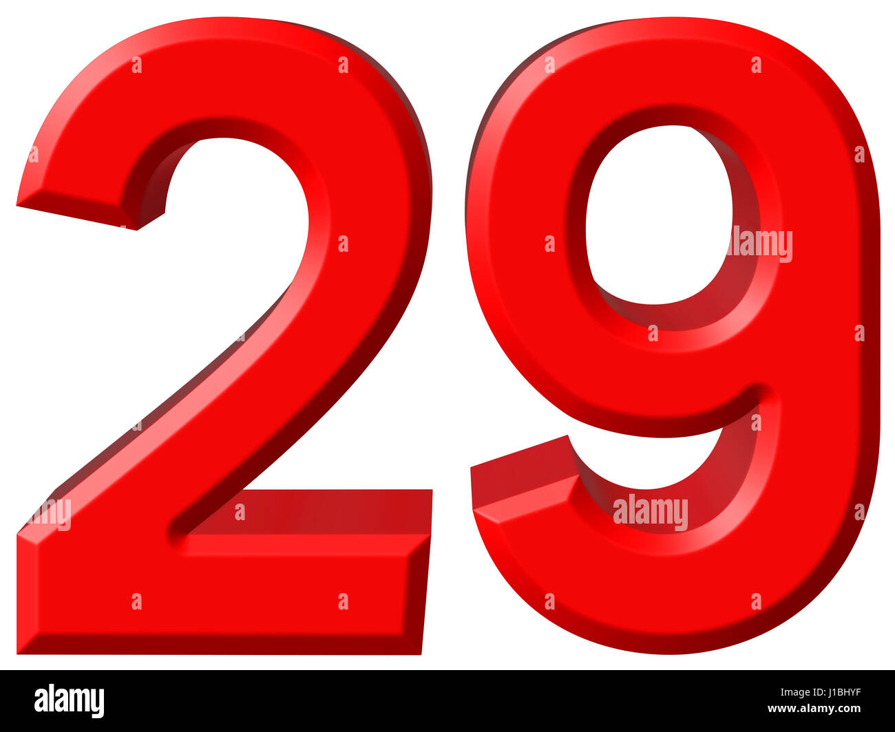 Ziffer 29, neunundzwanzig, isoliert auf weißem Hintergrund, 3d render Stockfoto