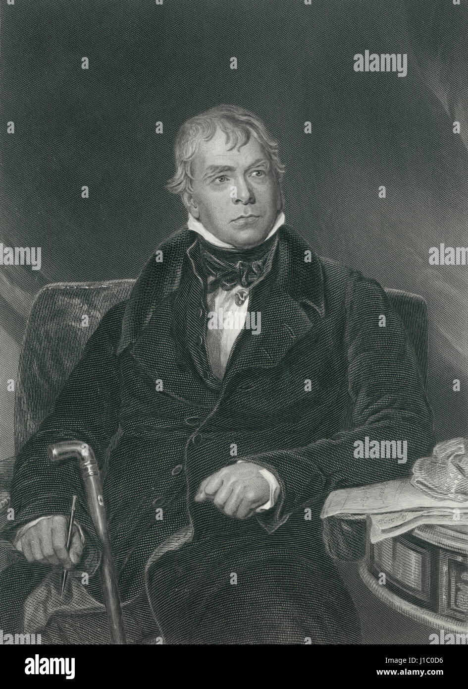 Sir Walter Scott (1771-1832), schottischer historischer Schriftsteller, Dramatiker und Dichter, Portrait, Gravur von Original-Gemälde von Sir Thomas Lawrence, 1870 Stockfoto