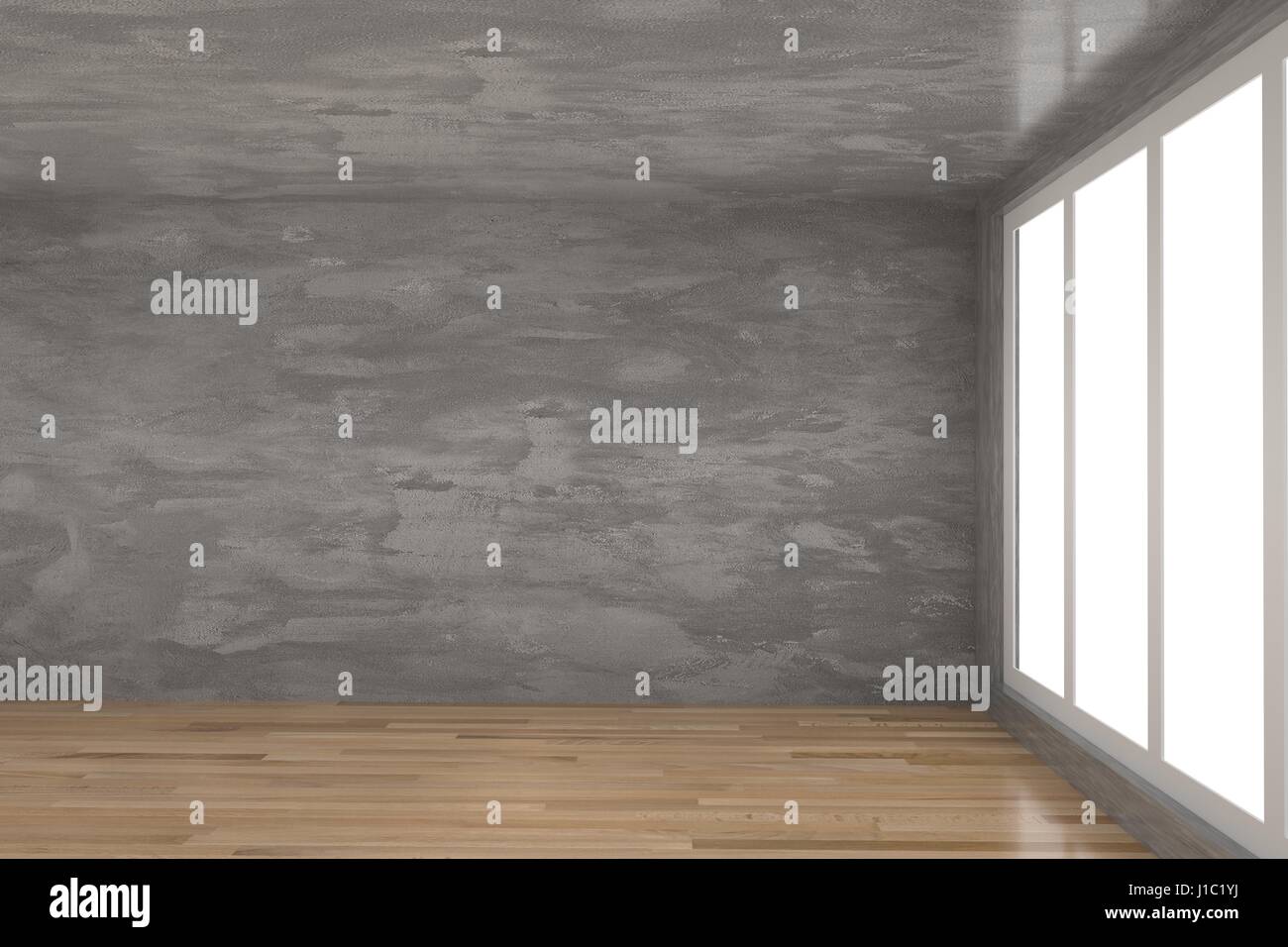leere konkrete Zimmer mit Parkett Holzboden in 3D-Rendering Stockfoto