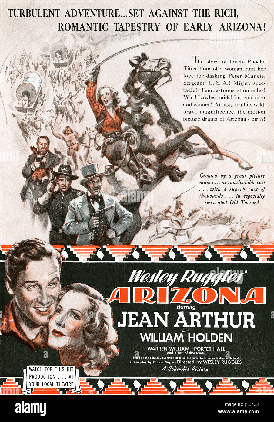 1940-US-Werbung für den Film Arizona in den Hauptrollen Jean Arthur und William Holden. Stockfoto