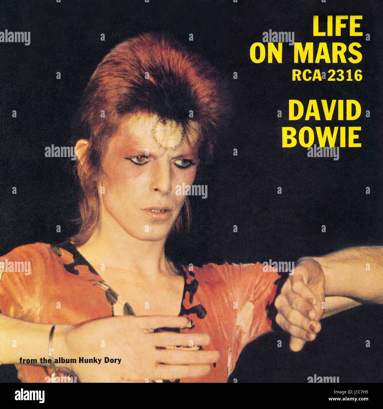 Titelseite der Plattencover für die UK single Life On Mars von David Bowie. Am 29. Juni 1973 veröffentlichte bei RCA Records. Ursprünglich auf dem Album Hunky Dory vom Dezember 1971. Stockfoto