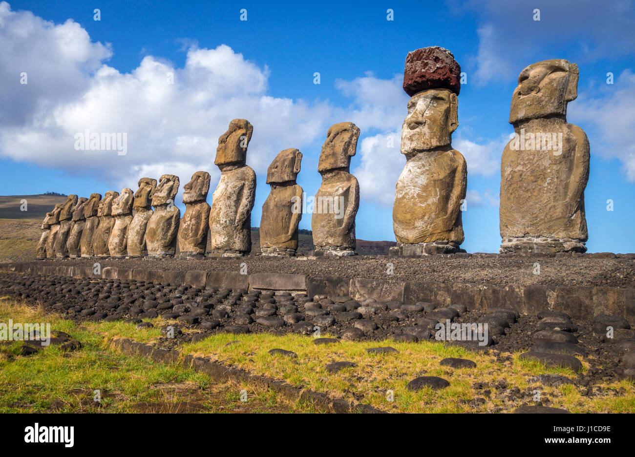 Moais Statuen, Ahu Tongariki, Osterinsel, Chile Stockfoto