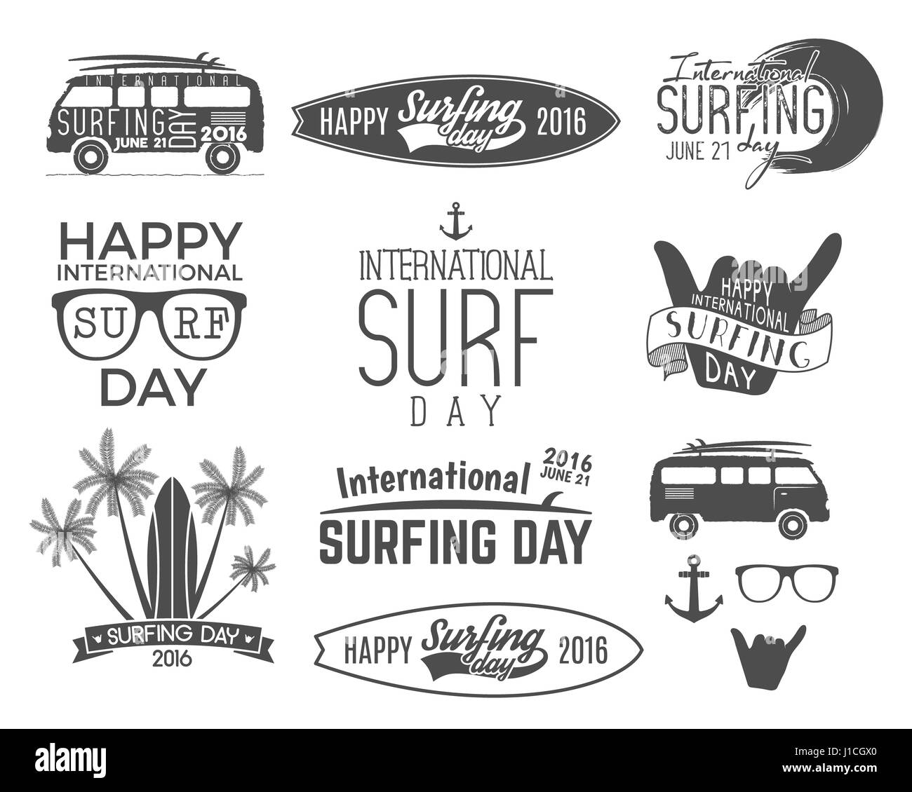 Sommer surfen Tag grafischen Elementen. Urlaub Typografie Embleme festgelegt. Surfer-Party mit Surf-Symbole - Shaka Zeichen, rv Stil Auto, Board Grafik, Palmen. Stockfoto