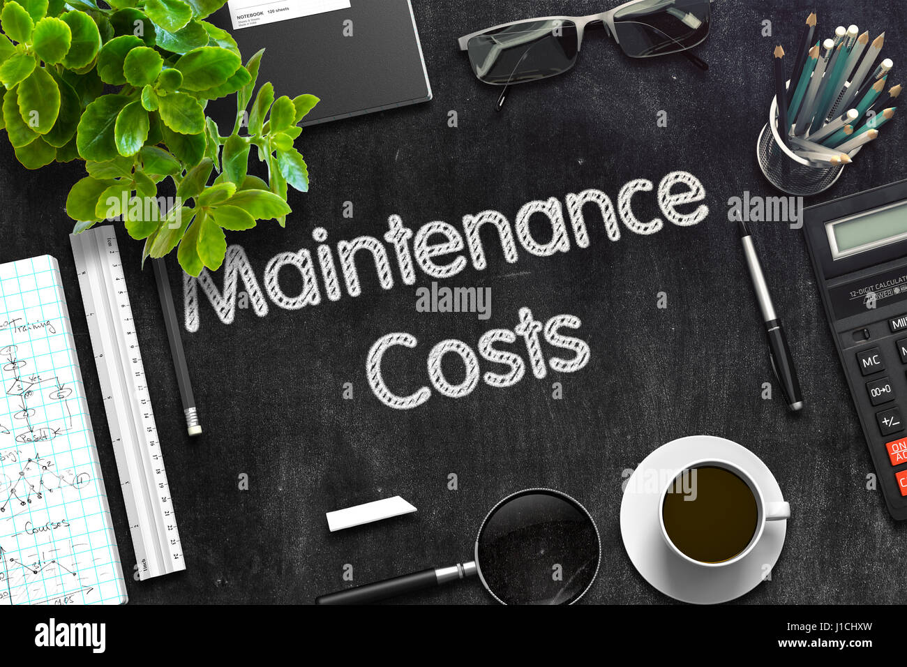 Schwarze Tafel mit Wartungskosten. 3D-Rendering. Stockfoto