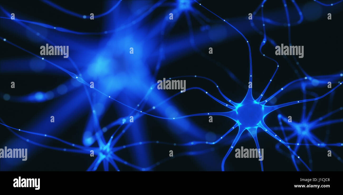 3D Darstellung der vernetzten Neuronen mit elektrischen Impulsen. Stockfoto