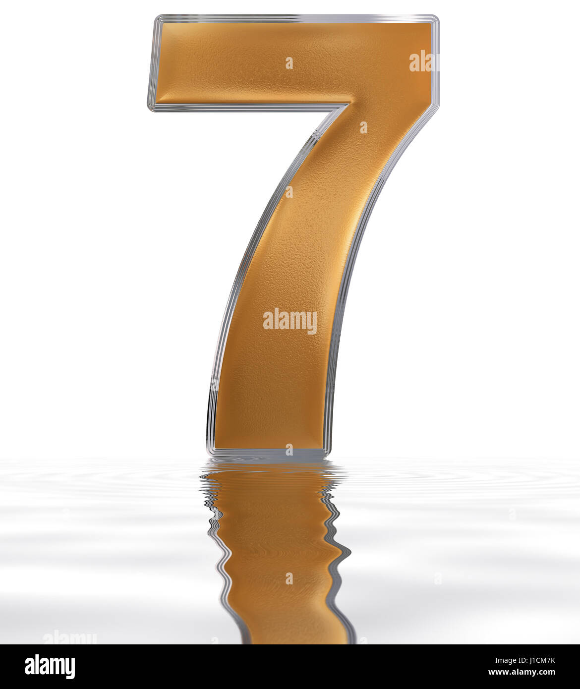 Ziffer 7, sieben, im Wasser spiegeln Oberfläche, isoliert auf weiß, 3d Rendern Stockfoto