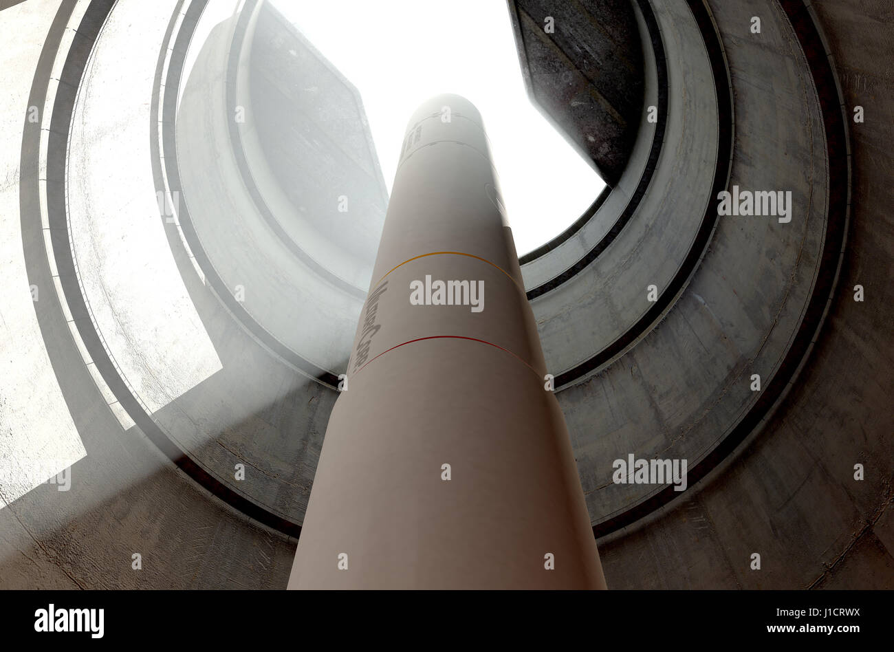 Eine unterirdische konkrete Raketensilo Öffnung immer bereit zum Start einer Interkontinentalrakete - 3D render Stockfoto