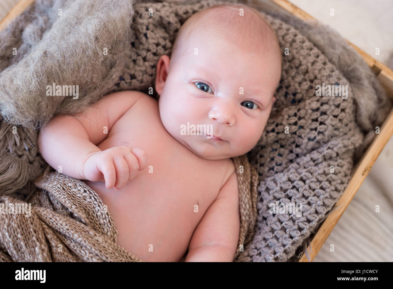 Neugeborenes Baby liegend in einer Holzkiste verpackt in gestrickte Schals und decken. Stockfoto
