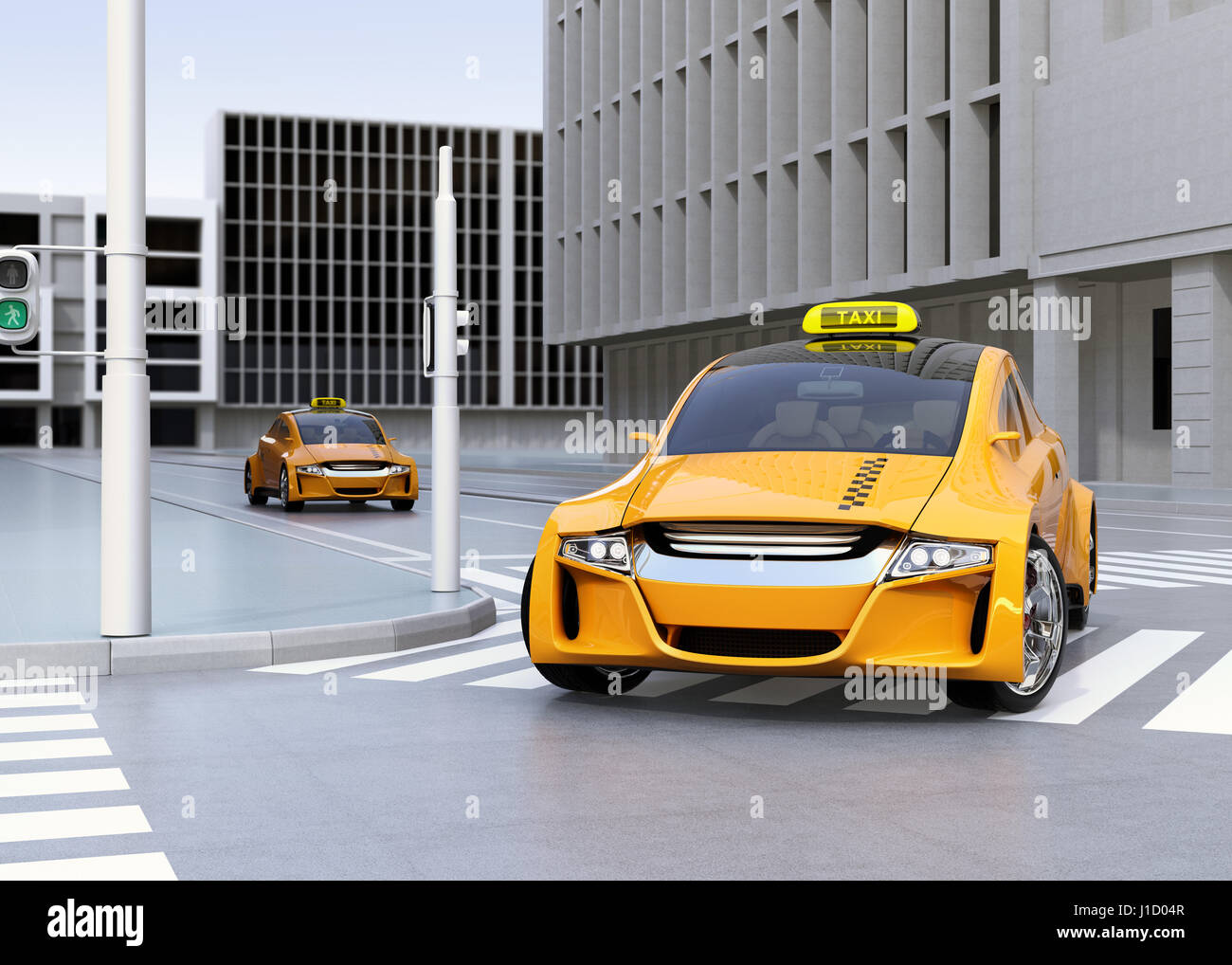 Gelbes Taxi an der Ecke der Straße drehen. 3D-Rendering Bild. Stockfoto