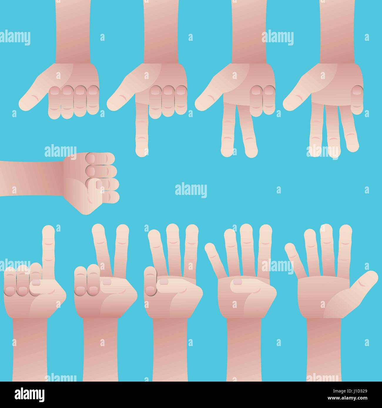 Männlichen Körper Hände Geste, zählen von Null bis neun auf blauem Hintergrund Stock Vektor