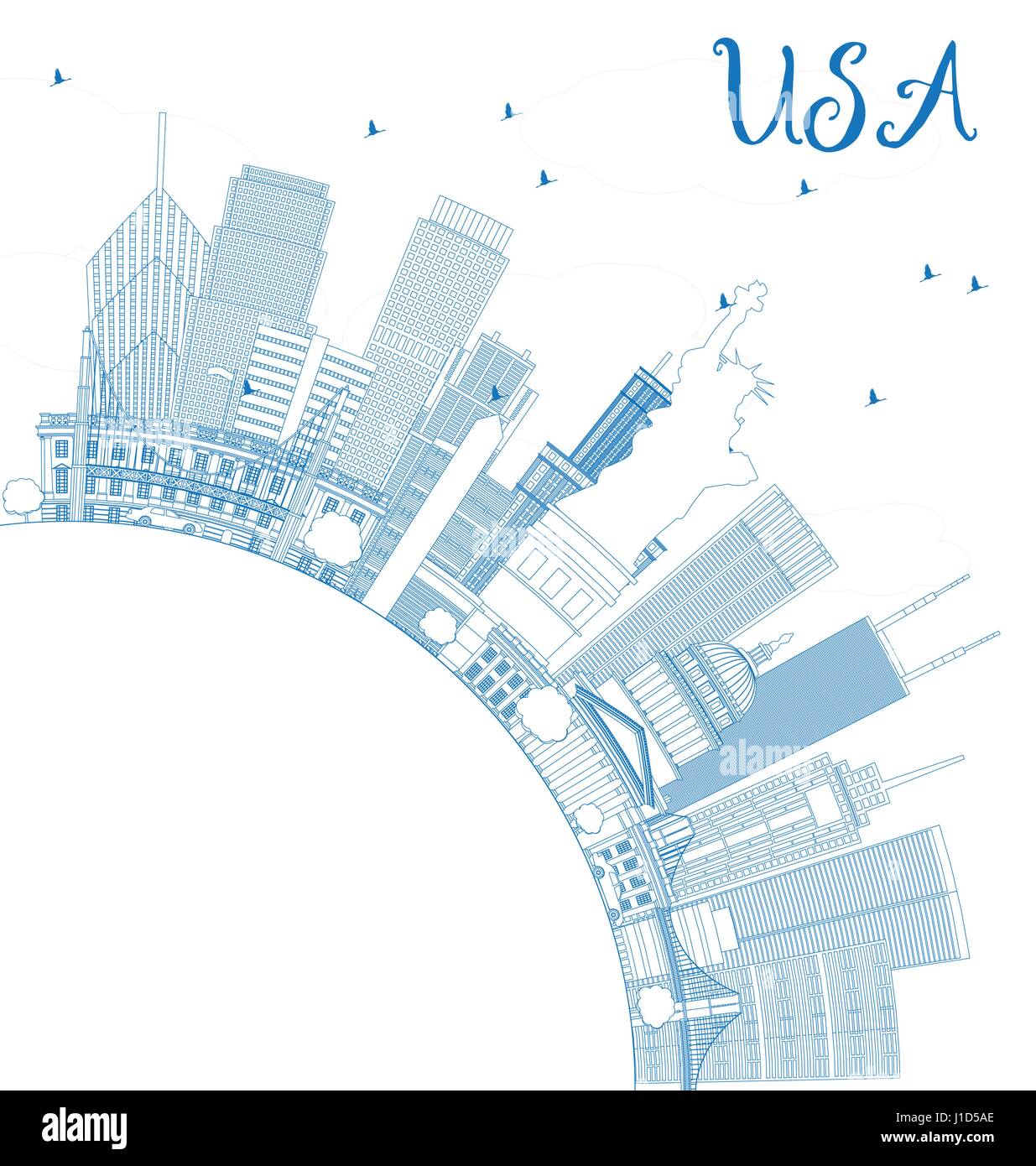 Übersicht USA mit blauen Wolkenkratzer, Wahrzeichen und textfreiraum Skyline. Vektor-Illustration. Geschäftsreisen und Tourismus-Konzept mit moderner Architektur Stock Vektor