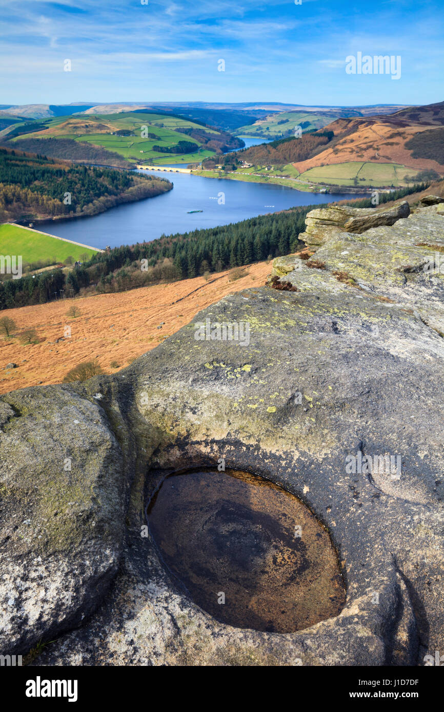 Ladybower Vorratsbehälter eingefangen von Bamford Kante im Peak District National Park Stockfoto