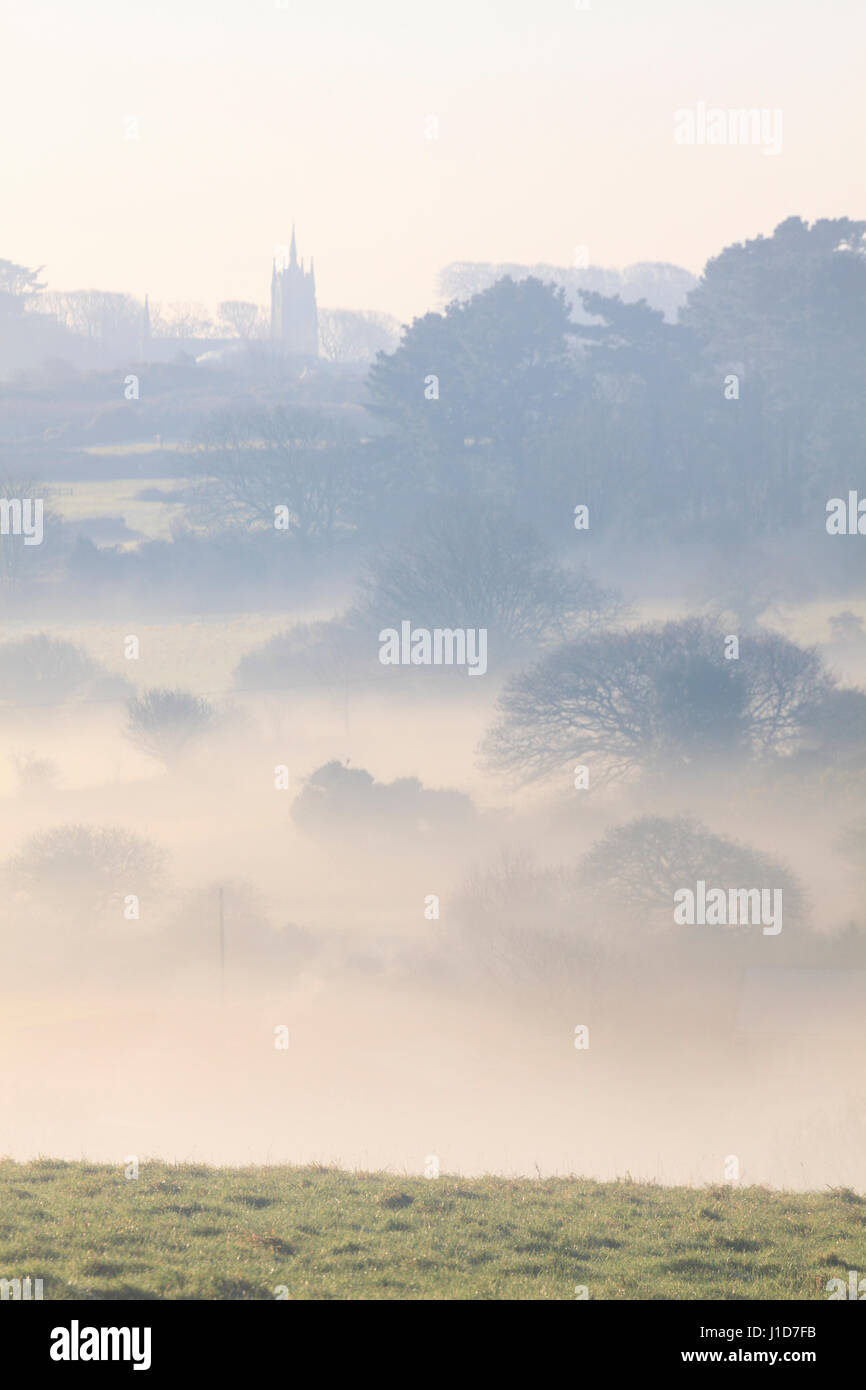 Nebel im Tal Poldice in Cornwall Stockfoto