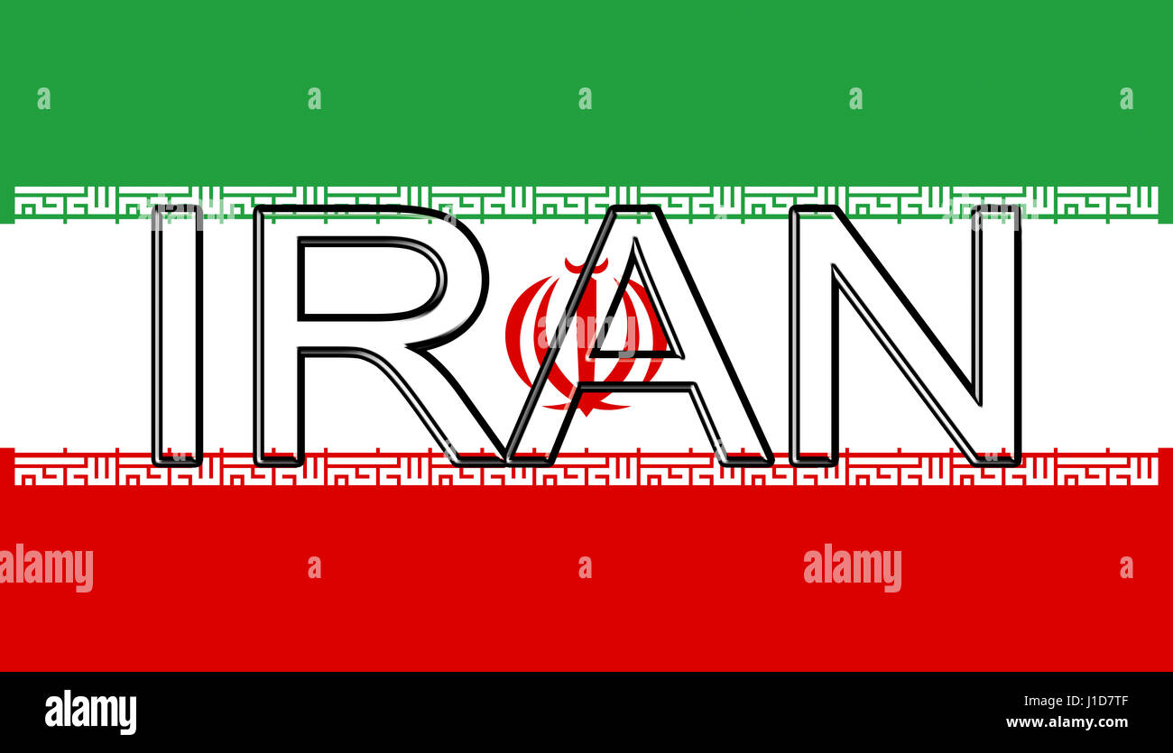 Abbildung der Flagge des Iran mit dem Land auf die Fahne geschrieben. Stockfoto