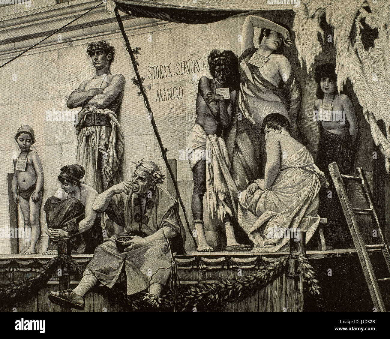Römischen Kaiserzeit. Sklaven Markt. Gravur. Stockfoto