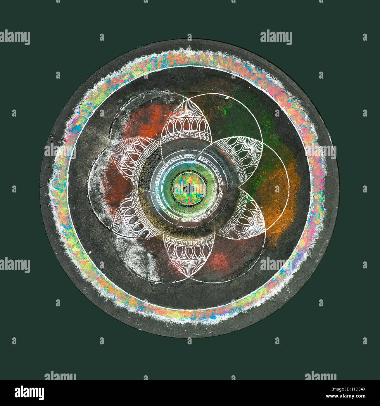 Schöne einzigartige Kunstwerk eines Mandalas auf Vinyl gemalt. Stockfoto