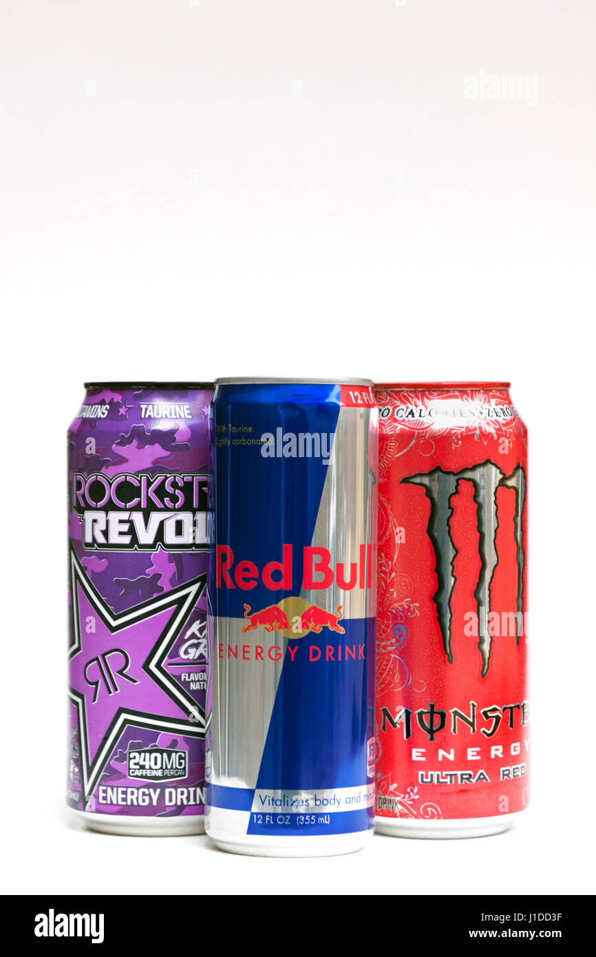 Meistverkaufte Energie Getränke in den Vereinigten Staaten: Red Bull, Monster und Rockstar. Stockfoto