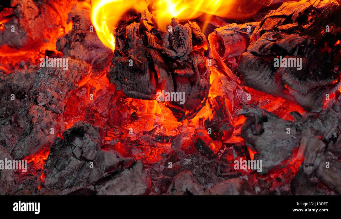 Lagerfeuer Rotglut schließen verkohlt sich mit Flammen, Holz und Asche Stockfoto