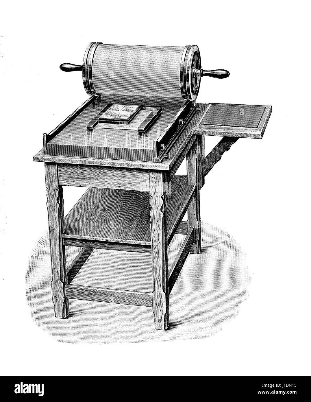 frühe manuelle Schablone Duplicator oder Mimeograph, Vintage-Gravur Stockfoto