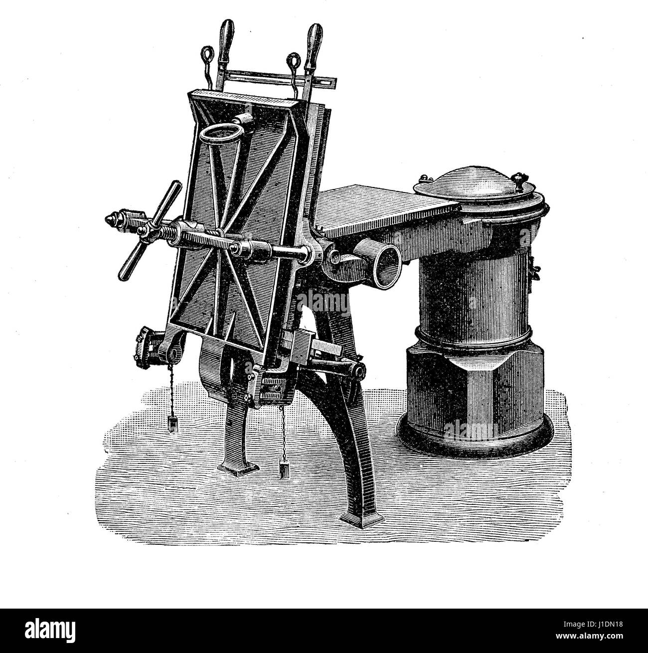 Hand-Gießmaschine, XIX Jahrhundert Gravur Stockfoto